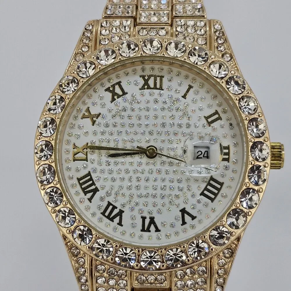 Unisex Watch 42MM Crystal Bling Gold Case Gold Band Date 7.5